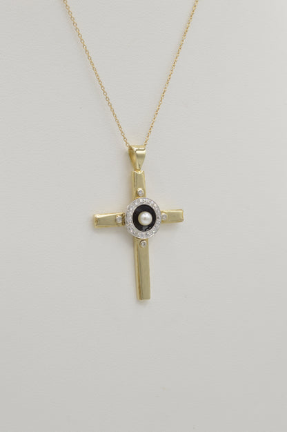 Pearl Cross Pendant, 14k